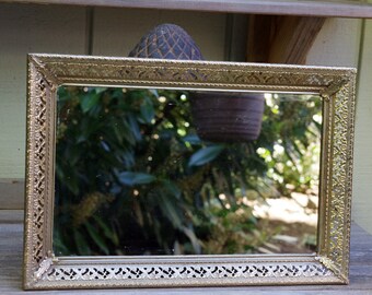 Vintage Ornate Gold Metal Mirrored Vanity Perfume Tray