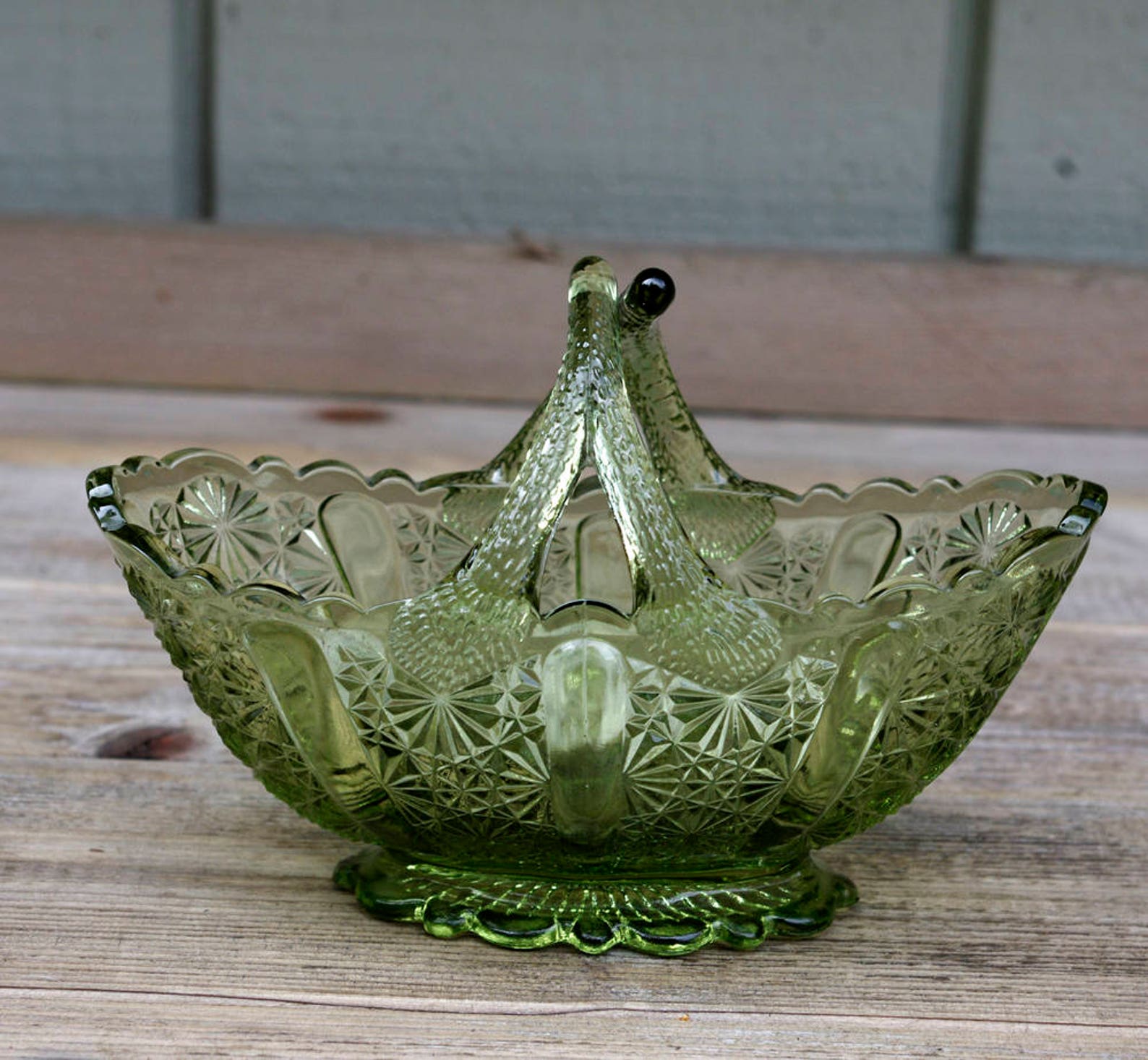 Fenton Green Glass Basket Split Handle Buttons And Bows Etsy