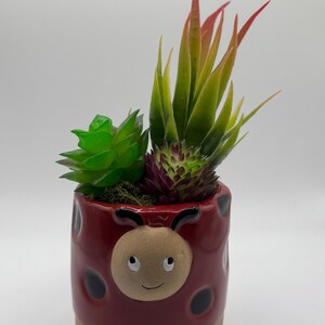 Puede incluir: Una maceta de cerámica roja con forma de mariquita con puntos negros y una cara sonriente, llena de suculentas artificiales verdes y rojas.