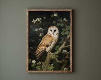 Vintage Barn Owl Painting, Antique Owl Art Print, Bird Print,Bird Art,Owl Portrait, Cottagecore,Dark Academia Print,Woodland,Wall Decor,Gift