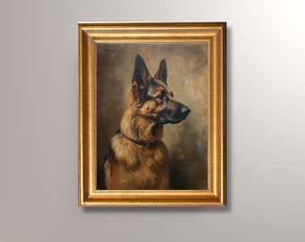 Vintage German Shepherd Oil Painting, Antique Art Print, German Shepherd Portrait, Pet Portrait, Cottagecore, Academia Decor, Owner Gift