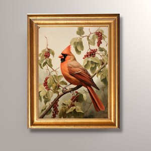 アンティークカーディナル油絵、ヴィンテージカーディナルアートプリント、アンティークバードアート、カーディナル絵画、森の生き物、鳥アートプリント、保育園アート