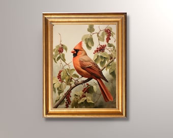 Antique Cardinal Oil Painting,Vintage Cardinal Art Print, Antique Bird Art, Cardinal Painting,Woodland Creature,Bird Art Print,Nursery Art