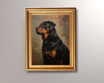 May include: A framed painting of a Rottweiler dog with black and tan fur, looking to the left. The dog is painted in a realistic style with a soft, muted background.