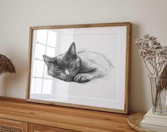 Vintage Cat Sketch Art Print: Cottagecore Black Cat Portrait