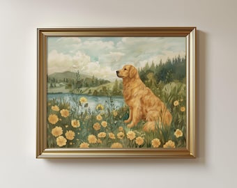 Lámina artística de Golden Retriever, Arte de Golden Retriever, Retrato de Golden Retriever, Pintura de Golden Retriever, Arte mural, Regalo para amantes de los perros, Decoración