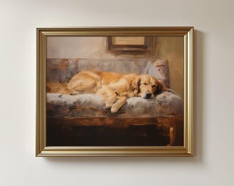 Vintage Golden Retriever Art Print: Sleeping Dog Portrait, Cottagecore Style