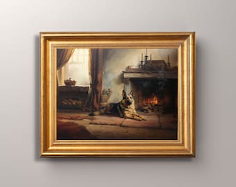 Vintage German Shepherd Art Print: Cottage Fireplace Scene