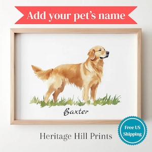 Personalized Golden Retriever Watercolor Portrait: Custom Pet Name Art Print