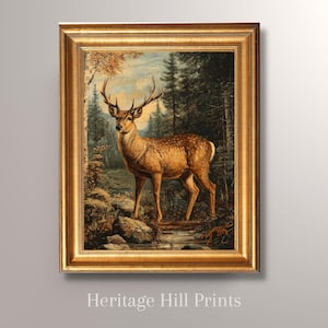 Dipinto di cervo d'epoca, arte antica della fauna selvatica, ritratto di cervo, foresta