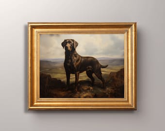 Peut inclure: Une peinture à l'huile encadrée représentant un Labrador Retriever brun debout dans un champ. Le chien regarde vers la gauche du spectateur. L'arrière-plan est un paysage avec des collines et un ciel nuageux.