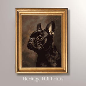 Dipinto antico di bulldog francese nero, ritratto di animale domestico, arte murale vintage, regalo