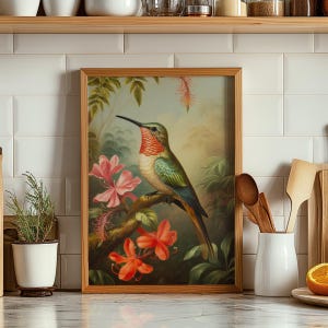 Vintage Hummingbird Art Print: Antique Style Bird Painting