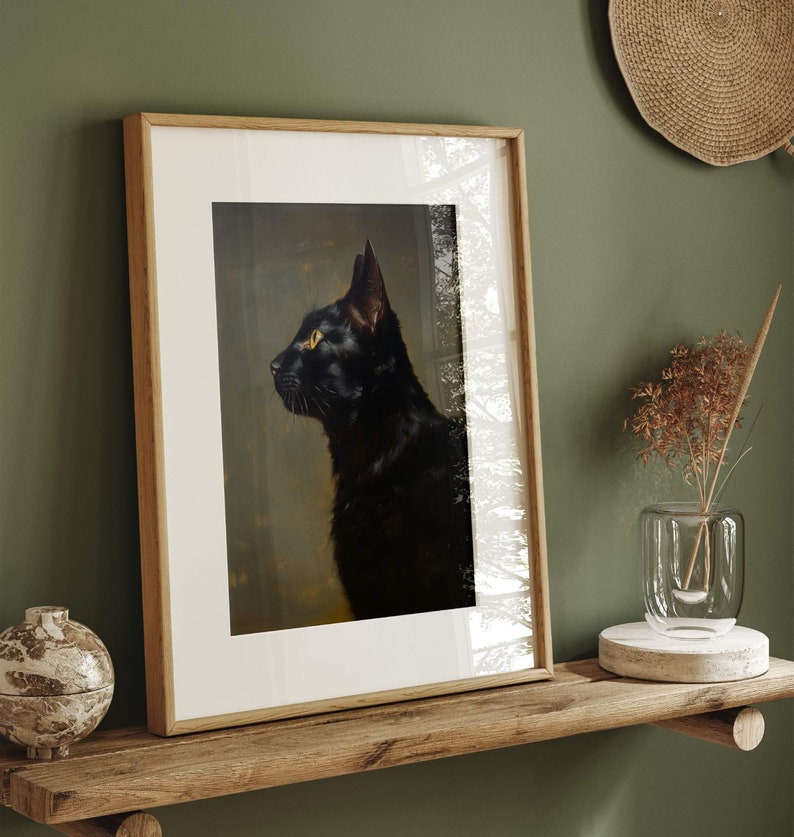Portrait antique de chat noir, peinture de chat noir, impression d'art vintage de chat noir, portrait d'animal de compagnie, art mural, décoration d'intérieur, cadeau, oeuvre d'art de chat noir, cadeau image 2