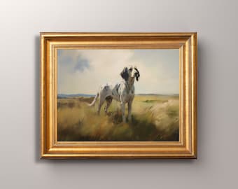 May include: A framed oil painting of a white and black spotted dog standing in a field of tall grass. The dog is looking to the right of the image. The background is a hazy blue sky with white clouds.