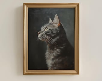 Impression d'art ancienne portrait de chat gris, peinture de chat, impression d'art de chat gris, impression d'art de chat vintage, art animalier, art cottagecore, portrait d'animal de compagnie, cadeau