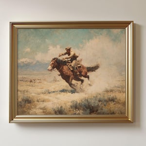 Vintage Cowboy on Horse Art Print: western cowboy painting print