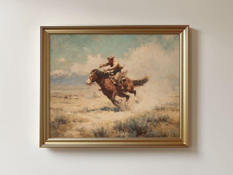 Vintage Cowboy on Horse Art Print: Western Cowboy Painting Print - Etsy