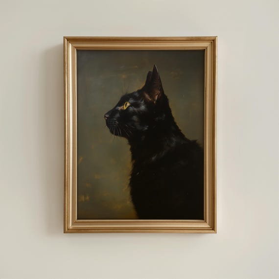 Antique Black Cat Portrait, Black Cat Painting, Vintage Black Cat Art Print, Pet Portrait, Wall Art, Home Decor, Gift,Black Cat Artwork,Gift