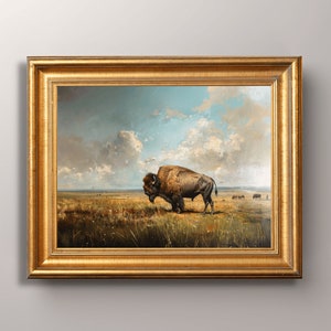 Antique Bison Painting Art Print, Buffalo Painting, Americana Art Print, Bison Art Print, Bison on Prairie, Western Art, Prairie Landscape