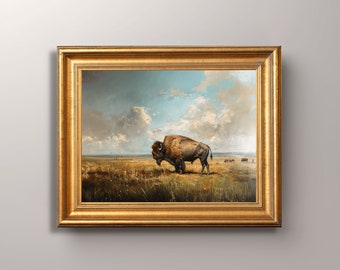 Antique Bison Painting Art Print, Buffalo Painting, Americana Art, Bison Art Print, Bison on Prairie, Western Scenery, Prairie Landscape