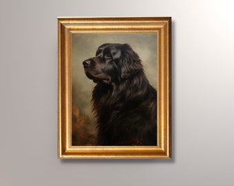 Puede incluir: Una pintura al óleo enmarcada de un perro negro de Terranova con una expresión seria. El perro mira hacia la izquierda del marco. La pintura está sobre un fondo marrón.