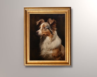 Vintage Mini Australian Shepherd Portrait, Dog Portrait Art Print, Antique Art, Cottagecore decor, Pet Memorial, Gift, Pet Loss
