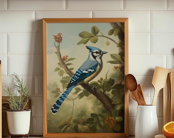 Vintage Bluejay Painting, Bluejay Art Print, Antique Art, Bird Print, Zoological Art, Bird Wall Decor, Bird Painting, North American Bird
