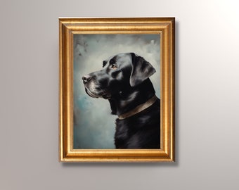 Vintage Black Lab Portrait Painting, Antique Black Labrador Art Print, Dog Portrait, Pet Portrait, Black Lab Painting, Pet Memorial,Pet Gift