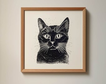 Impression d'art vintage portrait de chat noir : oeuvre d'art murale de style rétro