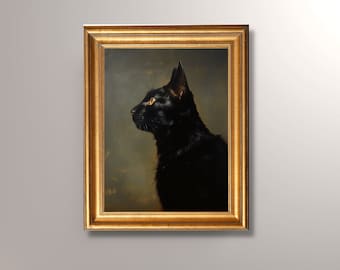 Portrait antique de chat noir, peinture de chat noir, impression d'art vintage de chat noir, portrait d'animal de compagnie, art mural, décoration d'intérieur, cadeau, oeuvre d'art de chat noir, cadeau