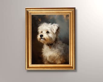 Lámina artística con retrato de perro maltés de estilo vintage, pintura de estilo antiguo.