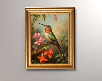 Vintage Hummingbird Painting, Hummingbird Art Print, Antique Art, Bird Print, Bird Art, Woodland Creature, Hummingbird Wall Art, Bird Gift