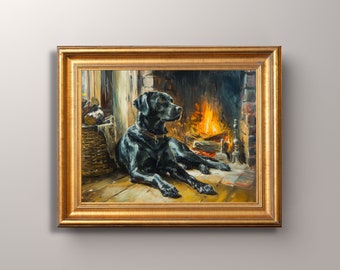 Vintage Black Labrador Portrait, Black Lab Art Print, Antique, Fireplace, Black Lab Painting, Dog Portrait, Pet Portrait, Gift, Pet Memorial