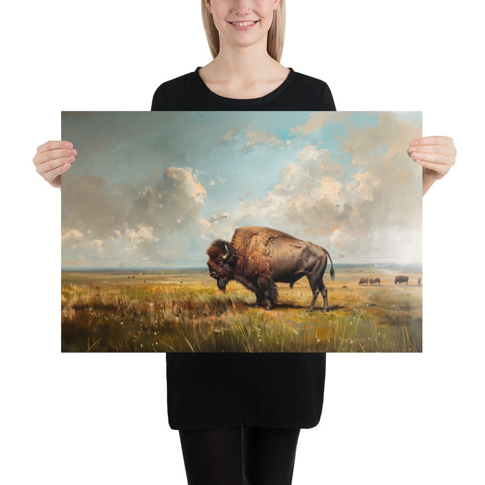 Buy Antique Bison Painting Art Print, Buffalo Painting, Americana Art ...