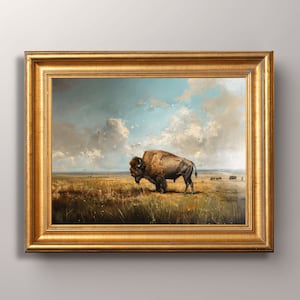 Antique Bison Painting Digital Download, Buffalo Painting, Americana Art, Bison Art Printable, Western Scenery,Prairie Landscape,Buffalo Art