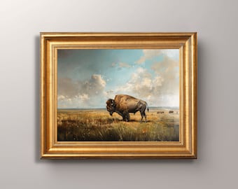 May include: A framed oil painting depicting a brown bison standing in a grassy field with a blue sky and white clouds in the background.