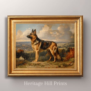 May include: A framed painting of a German Shepherd dog standing in a field. The dog is looking to the left of the image. The background is a landscape with a town in the distance.