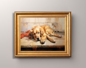 Impression d'art Golden Retriever, peinture Golden Retriever, Portrait Golden Retriever, portrait de chien, art cottagecore, portrait d'animal de compagnie, chien endormi