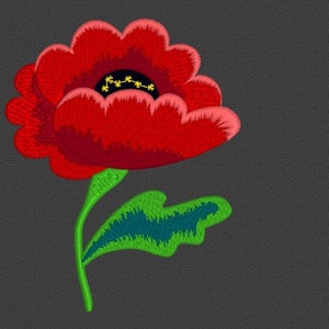 May include: Red poppy flower embroidery design in various formats, including DST, EXP, HUS, JEF, PES, VIP, VP3, and XXX. Hoop sizes are 12 cm, 10 cm, and 8 cm.