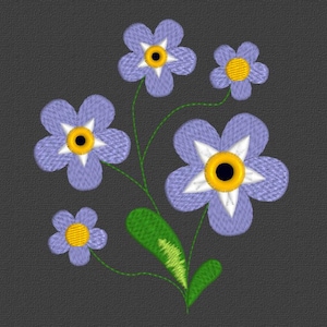 May include: A cluster of five blue forget-me-not flowers with yellow centers, embroidered on a dark gray fabric. The flowers are arranged in a bouquet with green leaves.