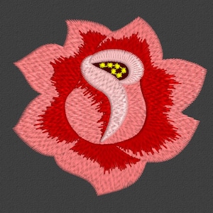 May include: A pink and red embroidered rose with yellow accents. The rose is a traditional floral design.