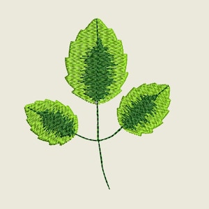 May include: A simple green leaf design with three leaves on a stem. The leaves are a light green with darker green veins.