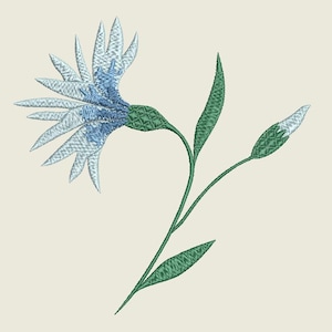 Può includere: Design floreale ricamato con un fiore blu e bianco con stelo e foglie verdi. Il fiore ha petali delicati e appuntiti. Il design è ambientato su uno sfondo color crema, creando un'estetica morbida e naturale.