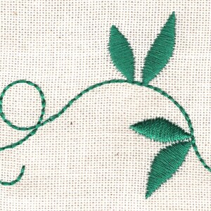 May include: Green embroidered vine with leaves on a white fabric background.