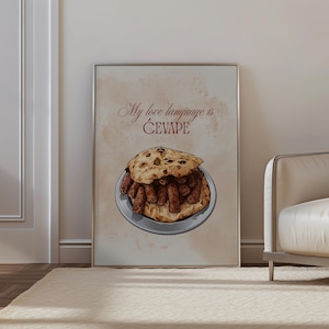 Peut inclure: Une affiche murale encadrée rectangulaire présentant une illustration centrée d'une assiette de saucisses de viande grillées brunes dans un pain plat. Le texte au-dessus de la nourriture indique My love language is ĆEVAPE en brun foncé.