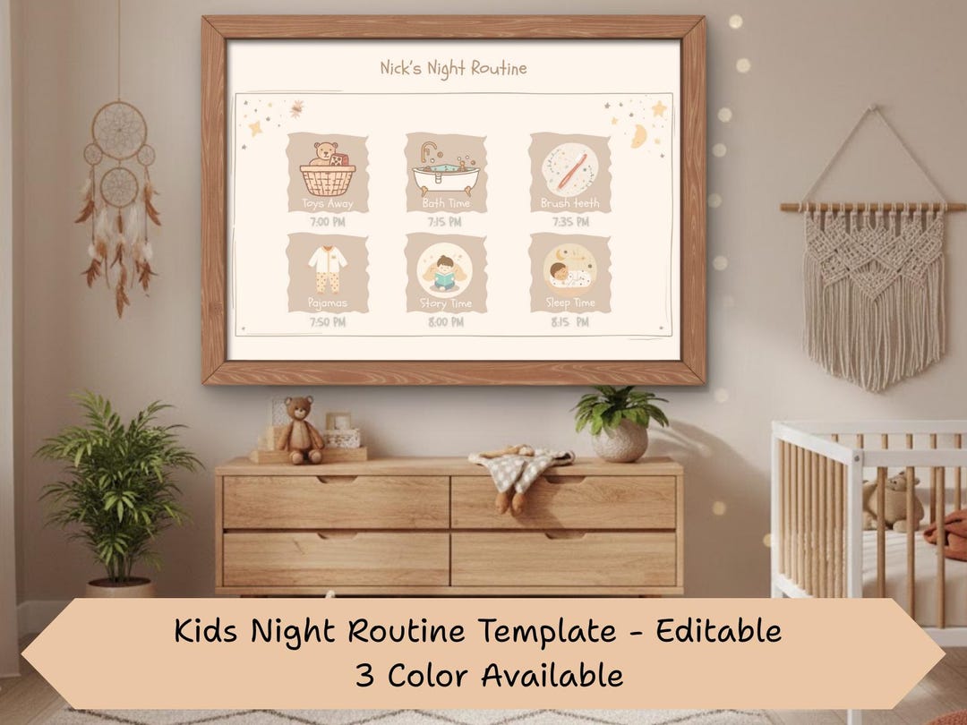Nighttime Routine Sticker Chart Kids Night Routine Chart Printable, Editable Canva Poster, Toddler ...