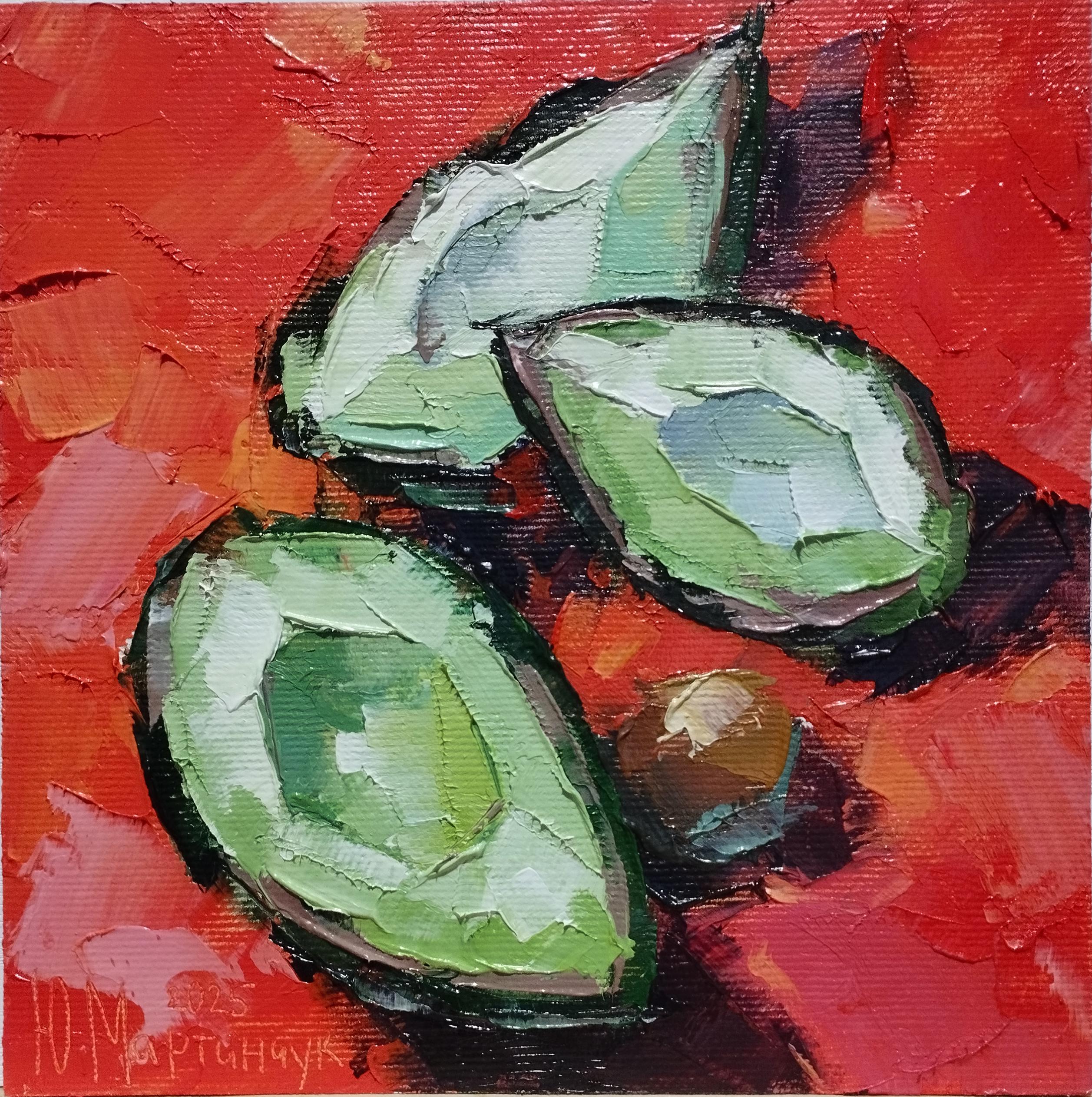 アボカド 油絵 ハンドメイド アボカドのオリジナル油絵。手作りのアボカドアート。印象派風のホーム