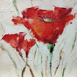 Vibrant Red Poppies Oil Painting. Handmade Flower Art. Impressionist Home Decor. Wall Art on Stretched Canvas. Flowers Impasto.