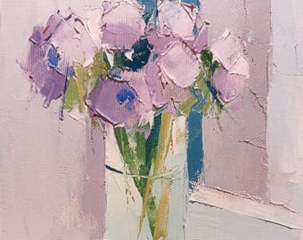 A bouquet of lilac flowers in a vase. Original Oil Painting, Floral Art on Canvas 6x6"